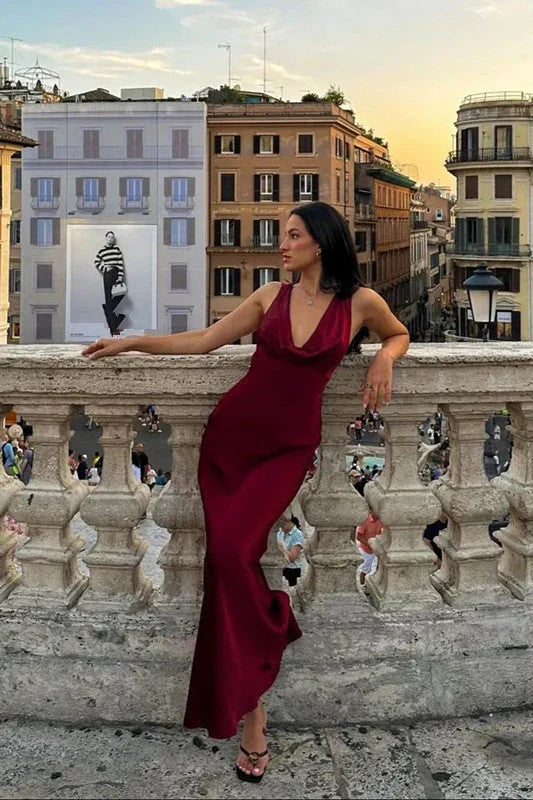 Sheath V Neck Burgundy Satin Open Back Long Prom Dress Graduation Prom Dress