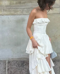 A-Line Strapless Chiffon Long Prom Dresses Formal Evening Dress
