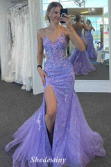 Mermaid V-Neck Lavender Sequin Applique Prom Dress with Slit