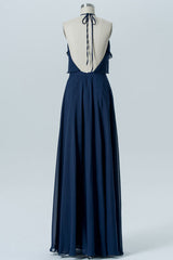Navy Blue Halter Backless Ruffled Bridesmaid Dress