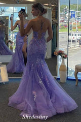 Mermaid V-Neck Lavender Sequin Applique Prom Dress with Slit