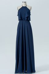 Navy Blue Halter Backless Ruffled Bridesmaid Dress