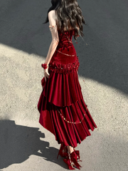 Sexy Wine Red Mermaid Velvet Long Evening Party Dress Birthday Outfits, HZ0319