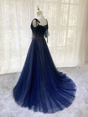 Dark blue tulle sequin long prom dress, dark blue evening dress