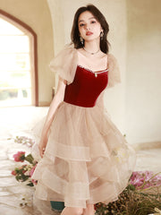 Champagne/Burgundy Tulle Short Prom Dress, Champagne/Burgundy Homecoming Dress