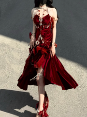 Sexy Wine Red Mermaid Velvet Long Evening Party Dress Birthday Outfits, HZ0319
