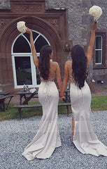 Sexy Deep V-neck Long Satin Mermaid Split Bridesmaid Dresses