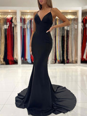 Simple black backless long prom dress, mermaid black evening dress