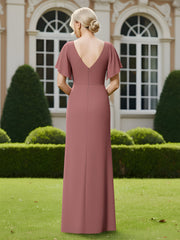 V-neck Flutter Sleeves Pleated Floor-Length Dress Cinnamon Rose