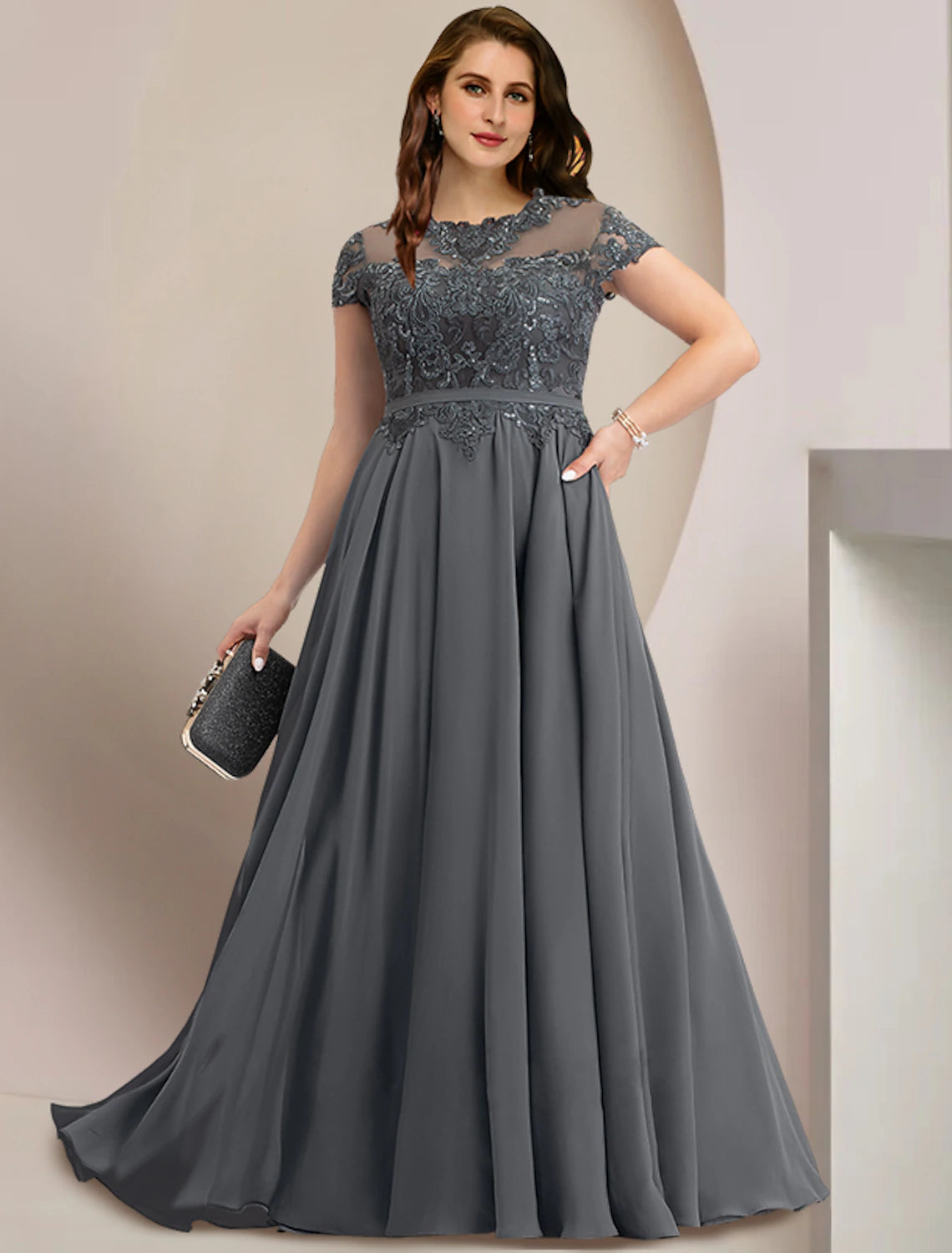 Mother of the Bride Dresses Plus Size Curve Hide Belly Wedding Guest Party Elegant Jewel Neck Floor Length Chiffon Lace Short Sleeve