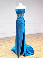 Blue Satin Mermaid Long Prom Dresses, Blue Formal Evening Dresses