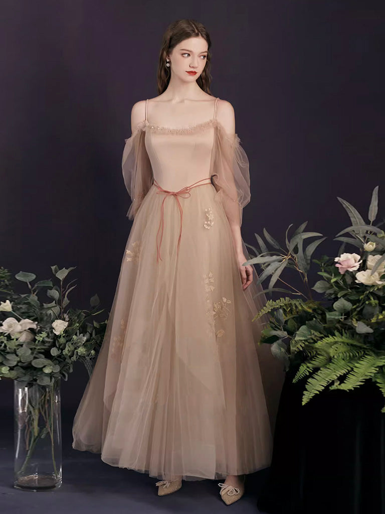 A-Line Champagne Long Prom Dress, Champagne Tulle Formal Evening Dress