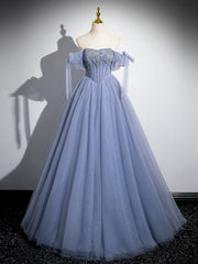 Blue A-Line Tulle Beads Long Prom Dress, Blue Long Formal Dress
