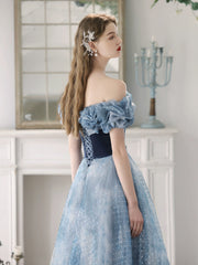 Blue  A-Line Tulle Lace Long Prom Dress, Blue Long Formal Dress