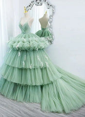 Light Green Tulle Layers Low Back Prom Dress Sweet 16 Dress Quinceanera Dress