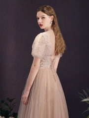 A-Line Tulle Lace Champagne Long Prom Dress, Champagne Long Bridesmaid Dress