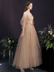 A-Line Champagne Long Prom Dress, Champagne Tulle Formal Evening Dress