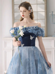 Blue  A-Line Tulle Lace Long Prom Dress, Blue Long Formal Dress
