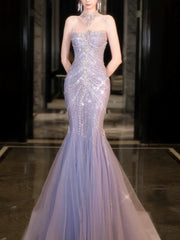Pretty Mermaid Off The Shoulder Blue Tulle Silver Beads Long Prom Dresses Formal Evening Dress SD1498