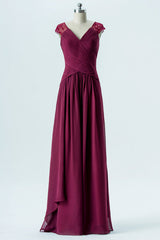 Magenta V-Neck Cap Sleeves Long Bridesmaid Dress