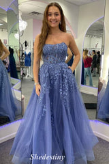 Dusty Blue Strapless Applique Lace-up Prom Dress with Rhinestone