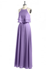 Sage Green Chiffon Halter Ruffle A-Line lange bruidsmeisje jurk