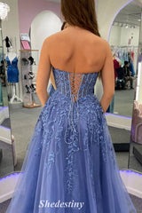 Dusty Blue Strapless Applique Lace-up Prom Dress with Rhinestone