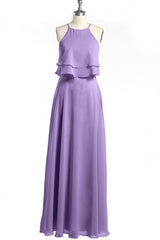 Sage Green Chiffon Halter Ruffle A-Line lange bruidsmeisje jurk
