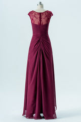 Magenta V-Neck Cap Sleeves Long Bridesmaid Dress