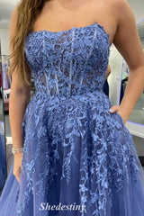 Dusty Blue Strapless Applique Lace-up Prom Dress with Rhinestone