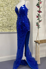 Cut Glass Mirror V-Neck Lace-Up Long Formal Dress with Slit