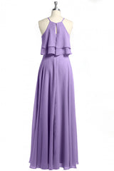 Sage Green Chiffon Halter Ruffle A-Line lange bruidsmeisje jurk