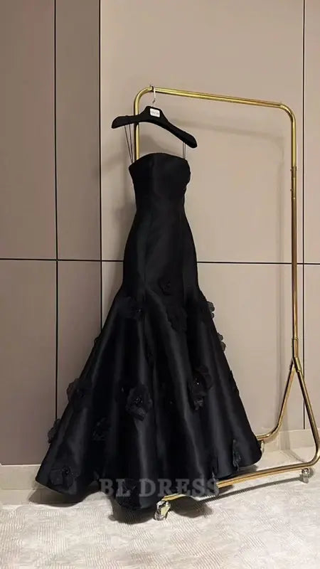 Mermaid Strapless Sleeveless Satin Black Long formal dresses Bridesmaid Dresses evening gown Prom Dress