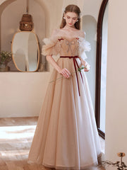 Champagne tulle beads long prom dress, A line tulle formal dress