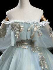 Green tulle lace long prom dress, lace evening dress