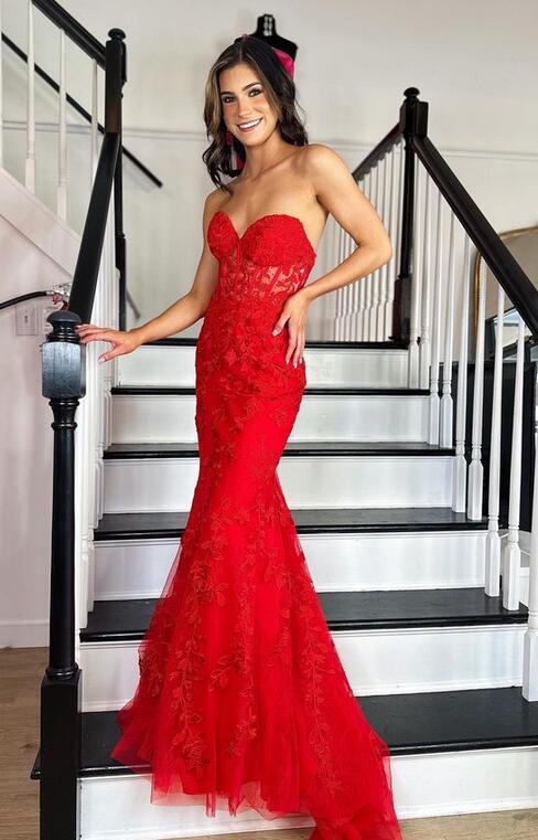 Strapless Red Leaf Lace Prom Dresses with Sheer Corset Bodice and Lace-up Back