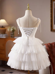 Mini Sweetheart Neck Tulle Lace White Short Prom Dress, White Homecoming Dress