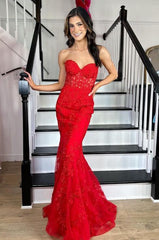 Strapless Red Leaf Lace Prom Dresses with Sheer Corset Bodice and Lace-up Back