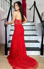 Strapless Red Leaf Lace Prom Dresses with Sheer Corset Bodice and Lace-up Back