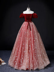 A-Line Burgundy/Pink Tulle Long Prom Dress, Burgundy/Pink Sweet 16 Dress