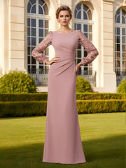Pleated Scoop Neck Lace Long Sleeves Sheath Dress Dusty Rose