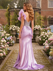 One Shoulder Beaded Corset Bodycon Dress With Slit Lilac