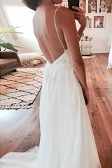 Long Spaghetti Strap A-line V-Neck White Wedding Dress with Lace
