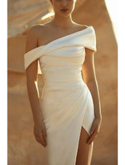 Beach Formal Wedding Dresses Mermaid / Trumpet Off Shoulder Sleeveless Floor Length Charmeuse Bridal Gowns