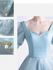 A-Line Tulle Blue Long Prom Dress, Blue Tulle Formal Dress