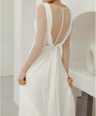 A-Line Chiffon Maxi Wedding Dress Minimalist Sleeved Pearl Button Low Back Bridal Gown