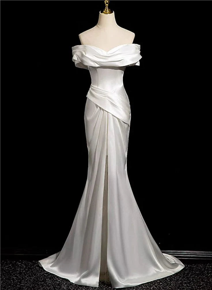 White Mermaid Satin Off Shoulder Wedding Dress
