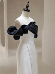 Simple Off Shoulder Satin Black/Beige Long Prom Dress, Black/Beige Long Formal Dress