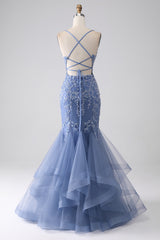 Grey Blue Mermaid Spaghetti Strap Beaded Backless Long Prom Dress With Appliques V-neck