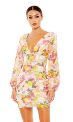 Floral-Sequin Long Sleeve Short Party Dress 55798